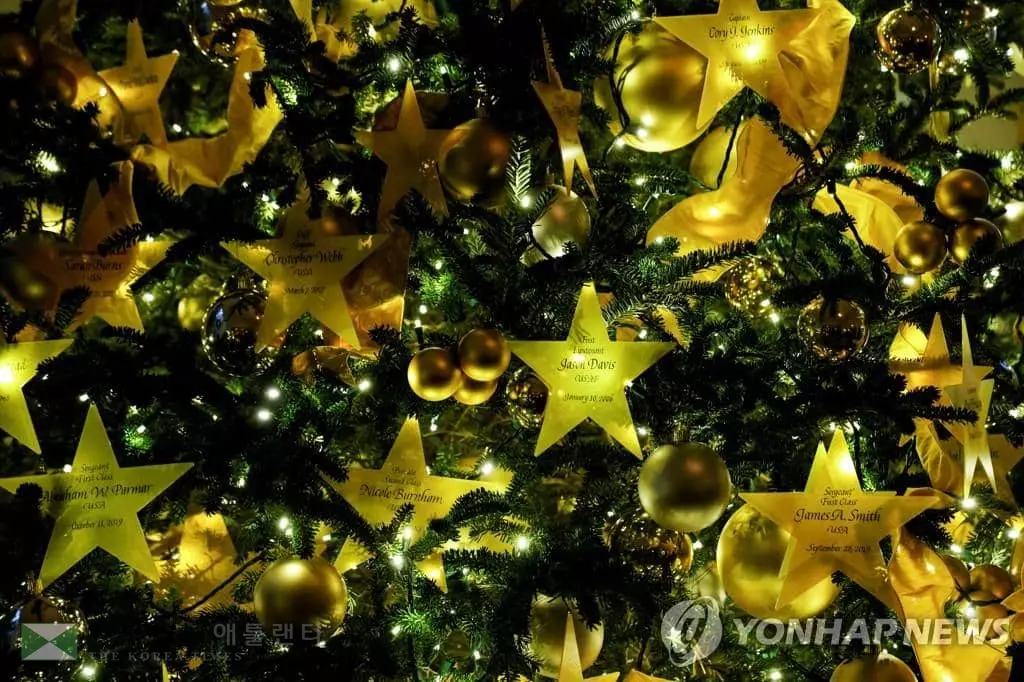 백악관 이스트윙 입구를 장식한 '황금별' 트리. 백악관은 29일 조 바이든 대통령 취임 후 첫 크리스마스 장식을 공개했다.