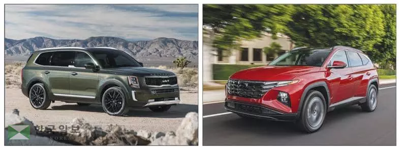 지난 11월 기아 텔루라이드(왼쪽)와 현대 투싼이 가장 많이 팔리며 양사의 판매 신장을 이끌었다. <현대차그룹>