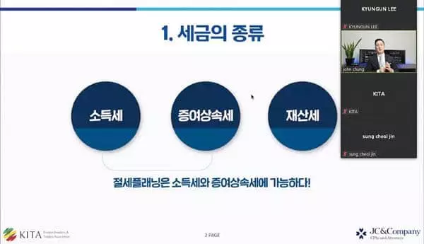  23일 KITA‘소득세 줄이는 쉬운 방법들’ 세미나에서 존 청 대표가 강연하고 있다. [KITA 제공]