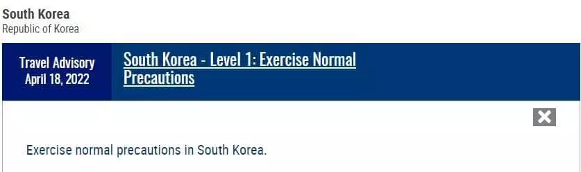 최저인 1단계 여행경보로 낮아진 한국[미국 국무부 웹사이트 캡처. 재판매 및 DB 금지]
