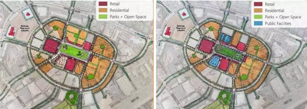 귀넷플레이스 몰이 타운센터 혹은 문화지구로 탈바꿈 한다. 사진 왼쪽이 타운센터 조감도, 오른쪽은 문화지구 조감도.