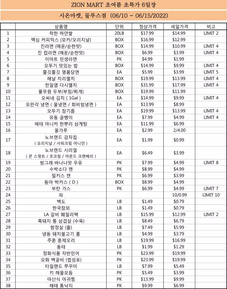 "와! 정말 싸네...시온마켓 초특가 6일장" 세일 품목 가격표