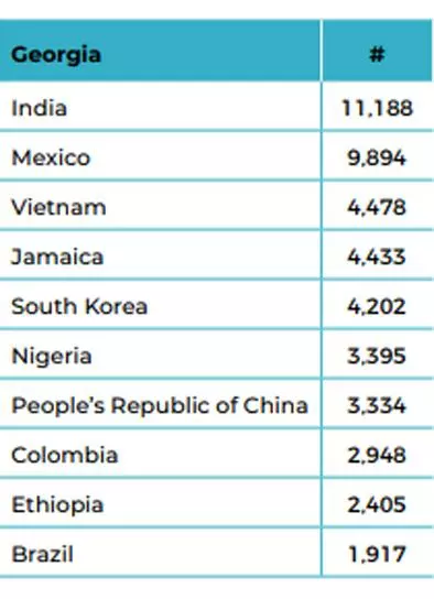 조지아주 거주 새 시민권자들의 출신국가 및 숫자(2016년-2020년).