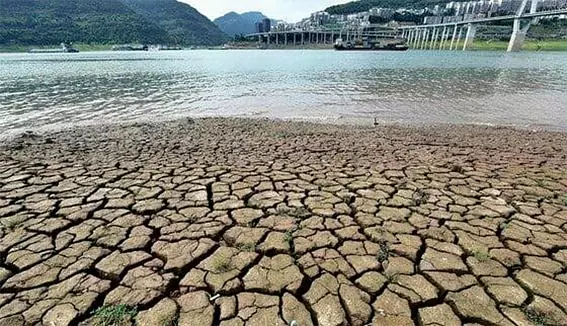 중국 충칭의 양쯔강이 극심한 가뭄으로 갈라진 바닥을 드러내고 있다. <연합>