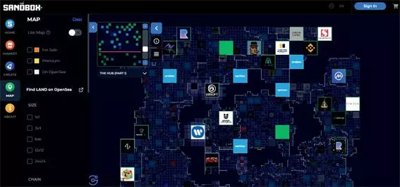메타버스 플랫폼‘샌드박스’에서 구입 가능한 부지와 이미 매매된 부지를 보여주는 지도.	             <샌드박스 홈페이지 캡처>