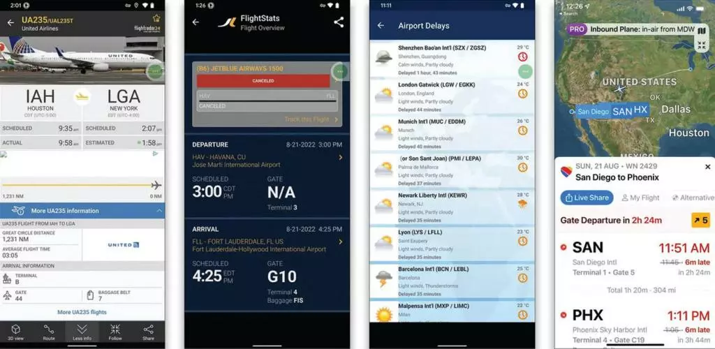 항공편 추적 및 정보를 제공하는 앱들. 왼쪽부터 플라잇트레이더24, 플라잇스탯스, 플라잇어웨어, 플라이티. 
<뉴욕타임스>