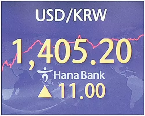 한국시간 22일 원·달러 환율이 장중 1,405원을 가리키고 있다. [연합]