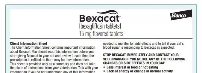 엘랑코의 고양이 당뇨병 경구치료제 '벡사캣' 설명서 상단[미국 FDA 홈페이지 공개 자료 캡처]