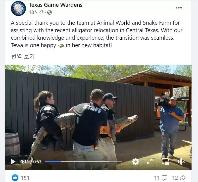 동물원에서 도난당했다가 다시 회수된 악어['Texas Game Wardens' 페이스북 캡처]