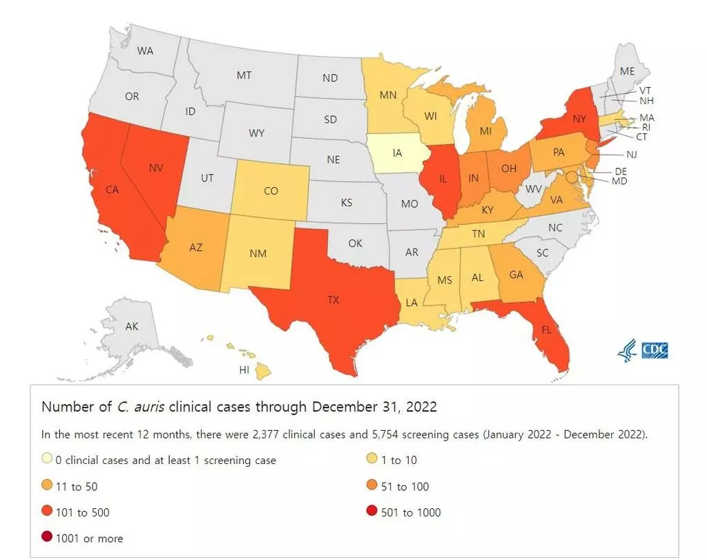 미국에서 칸디다균 감염 사례가 발견된 주와 환자 수[CDC 홈페이지 캡처]