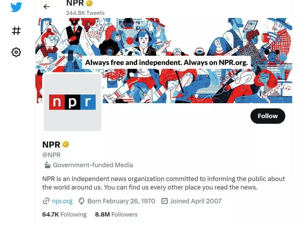 '정부 출연 미디어' 표시가 있는 NPR 트위터 계정[트위터 화면 캡처]