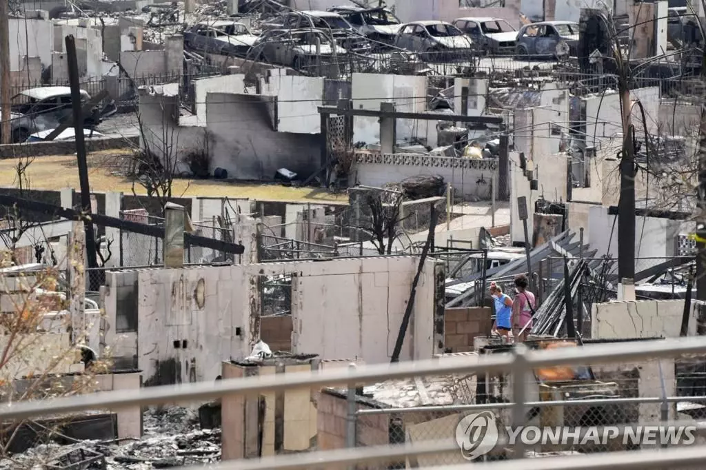 하와이 마우이섬 라하이나의 화재 피해지역[샌디 후퍼(Sandy Hooper)/USA Today Network/로이터=연합뉴스. 재판매 및 DB 금지]