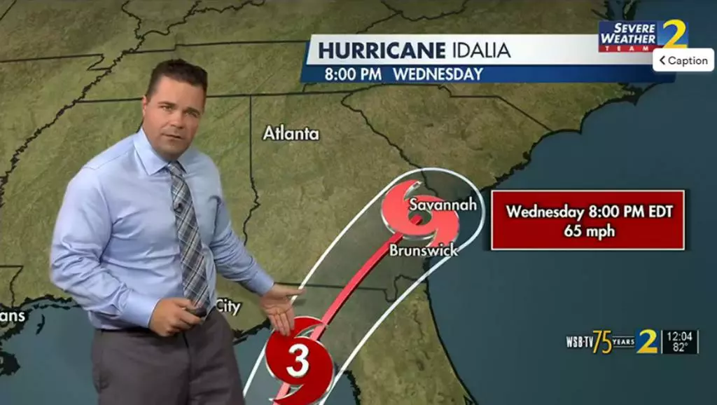 허리케인 이달리아 북상으로 조지아주에 비상사태가 선포됐다. 사진은 WSV-TV 예보 장면<영상 캡처>.